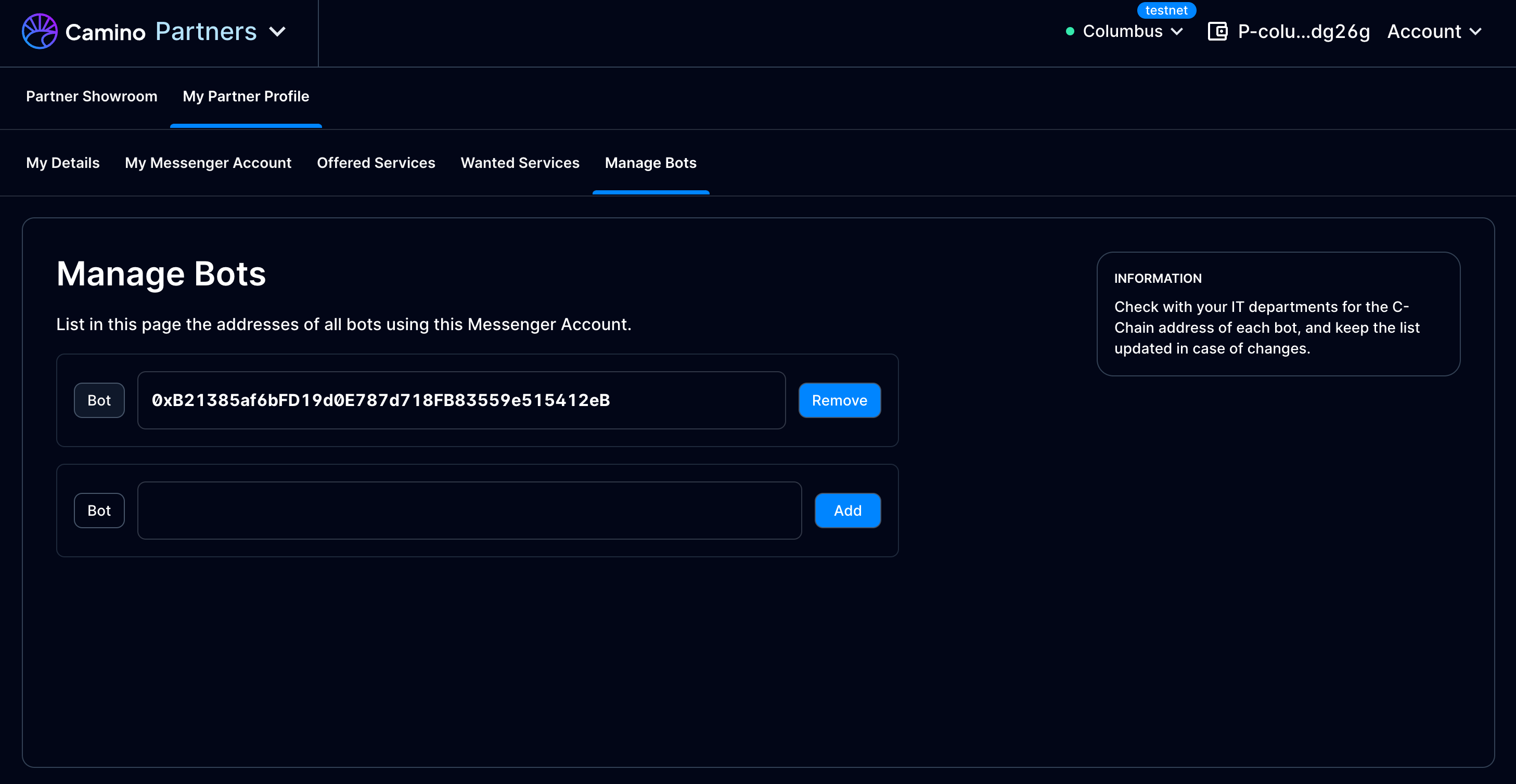 This image displays the screen of the tab where you manage your bot wallets.