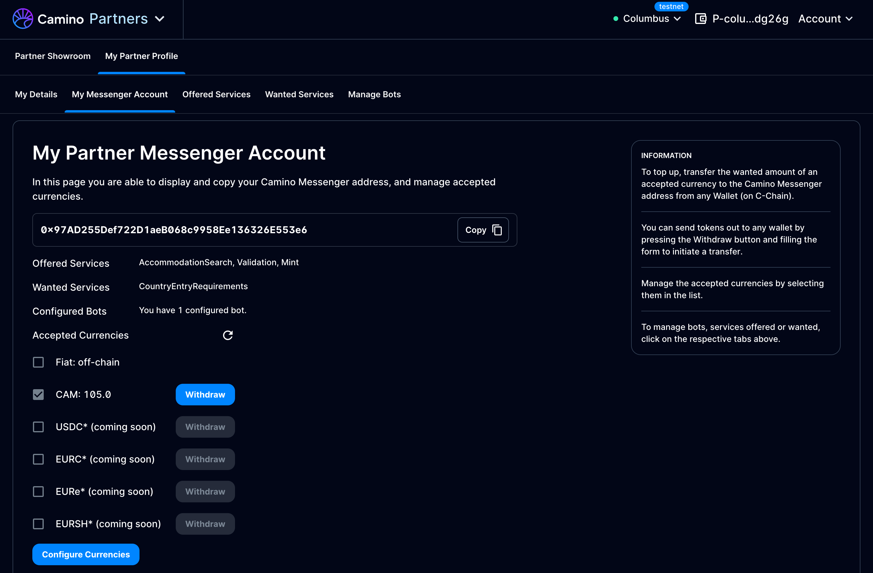 This image displays the screen of the tab where you manage your Messenger Account details.